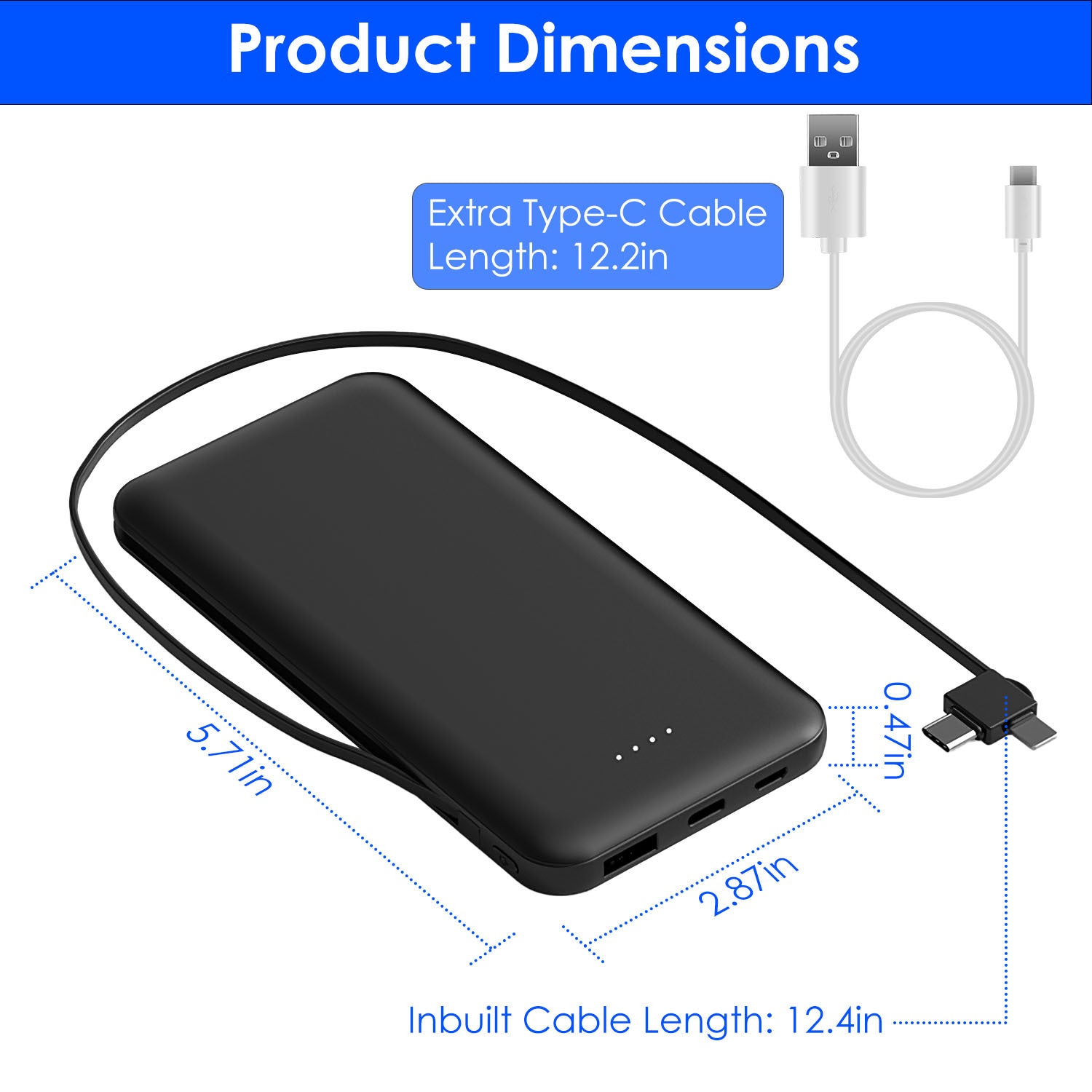 1Pc Portable Power Bank 10000mAh - Type C USB Cable