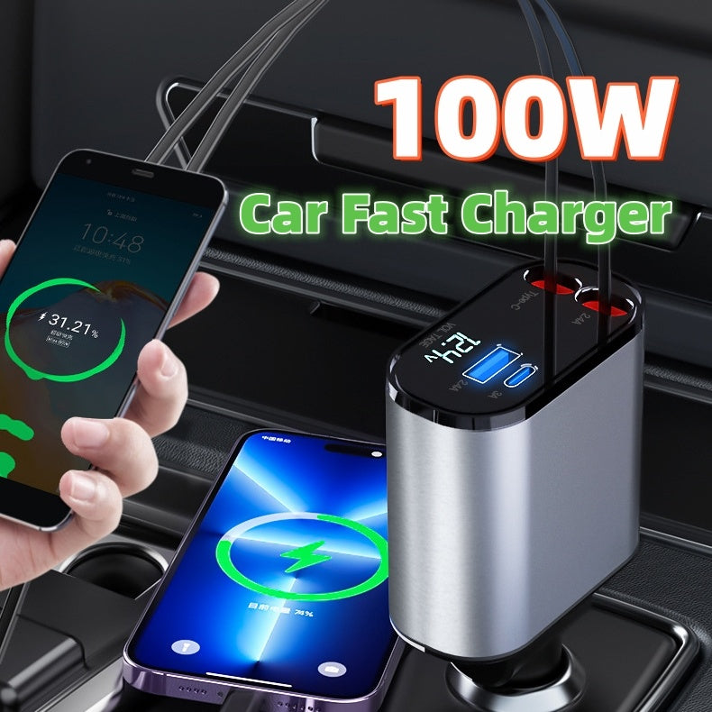 Metal Car Charger 100W Super Fast Charging - Cigarette Lighter USB And TYPE-C Adapter