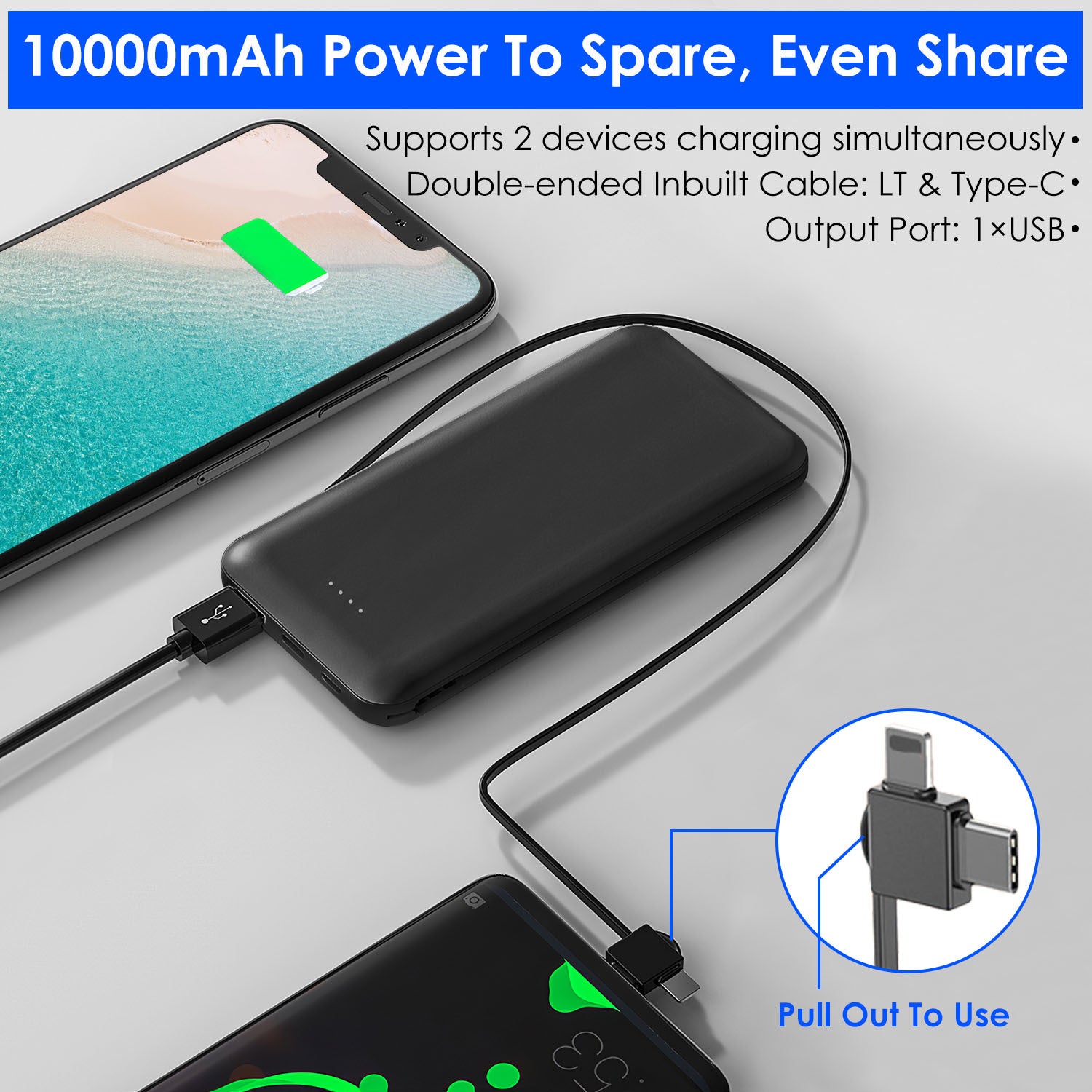 1Pc Portable Power Bank 10000mAh - Type C USB Cable