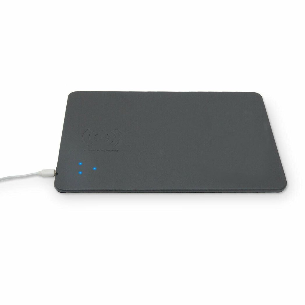 Black electronic device with blue indicator lights on a white background