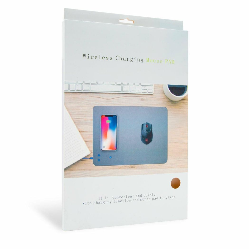 Wireless charging mouse pad packaging with a mouse and smartphone on a desk.