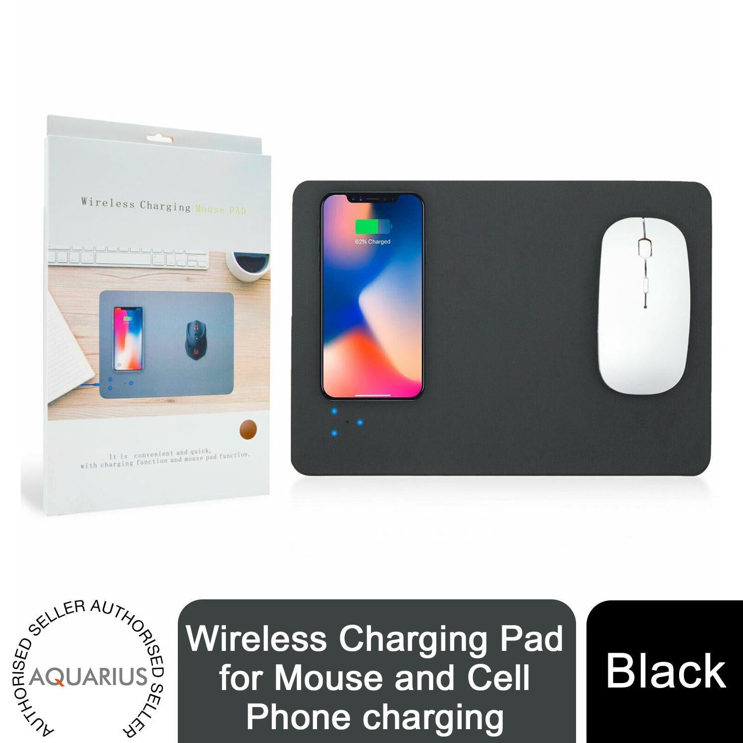 Black wireless charging pad with phone and mouse on a white background, featuring Aquarius branding.