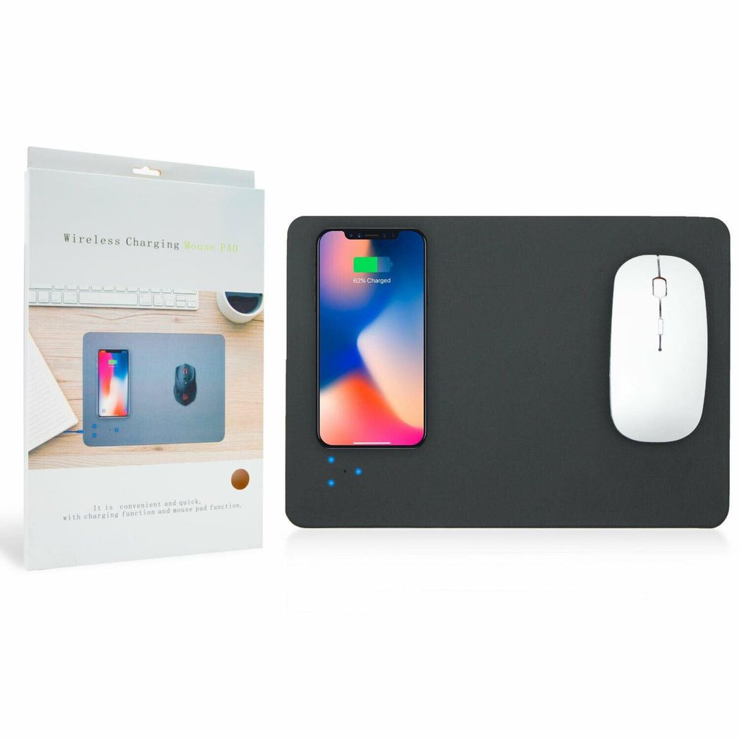 Black mouse pad with wireless charging pad, smartphone, and mouse on a white background