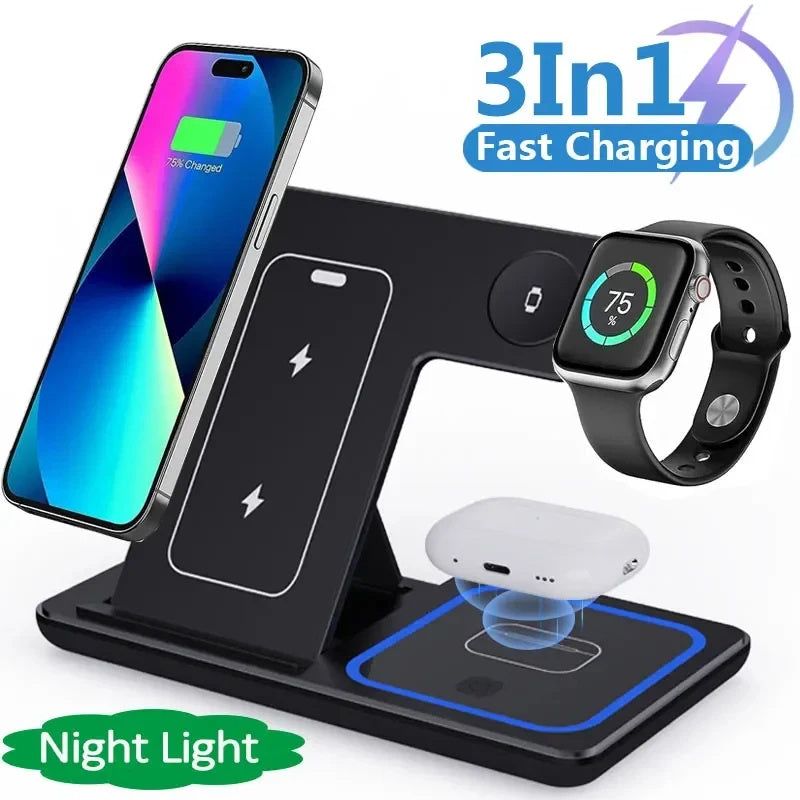 15W 3 In 1 LED Fast Wireless Charger Stand For Smart Phone, Watch & Airpod pros